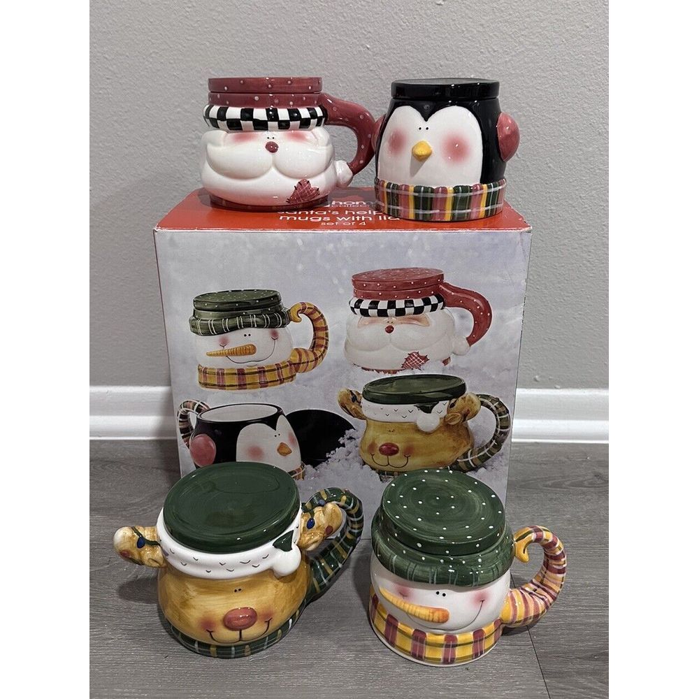Jc Penney Home Collection, Santas Helpers Mugs With‎ Lids Set Of 4 Open Box VTG